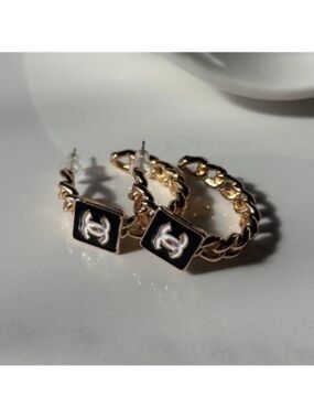 CHANEL Chain Hoop Earrings with Black Enamel Logo Plaques